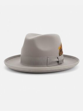 VTG Capas Design Light Gray Wool Fedora with Feather Accent Hat Godfather USA
